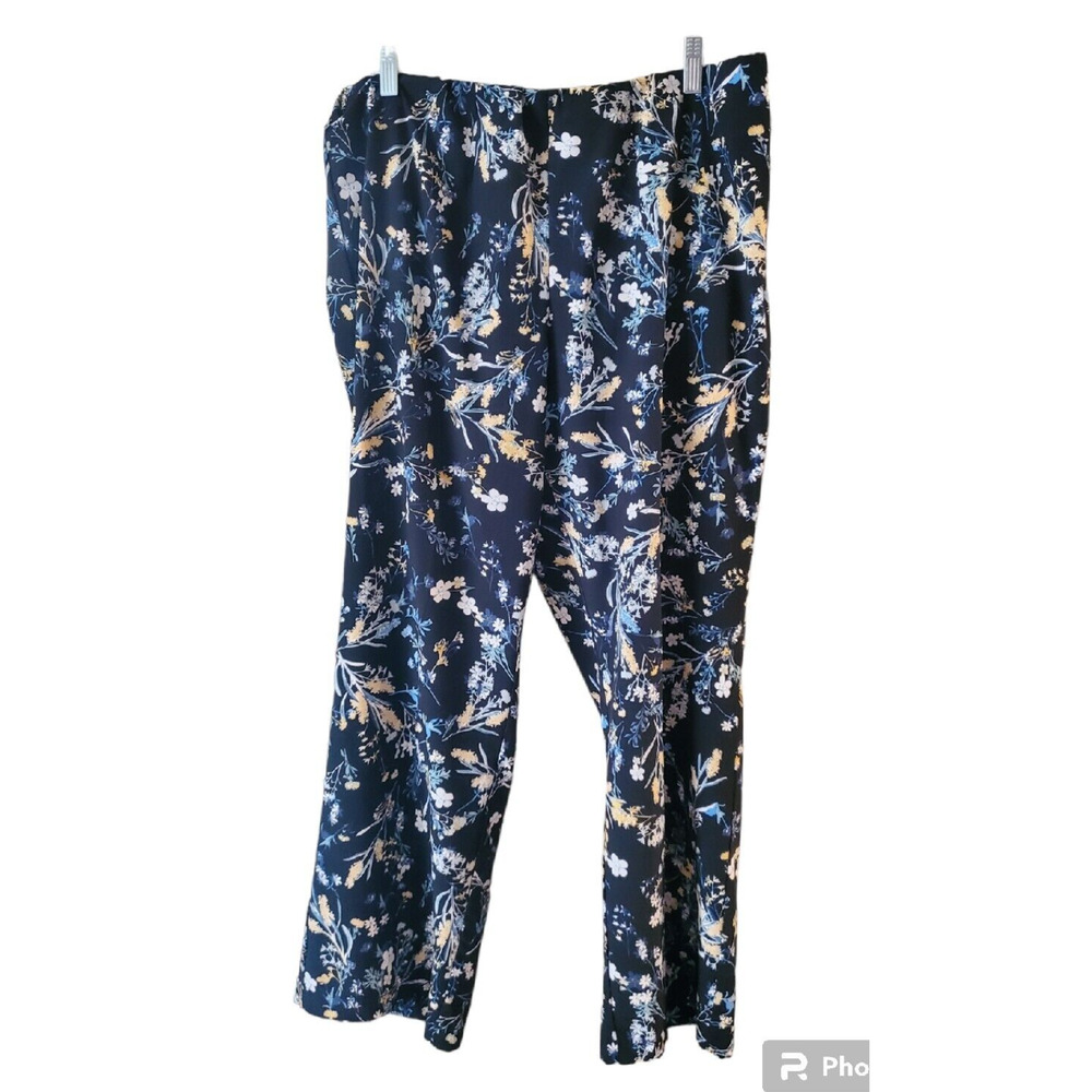 Coldwater Creek Black Floral Wide Leg High Rise Side Zip Silky Polyester Sz 14